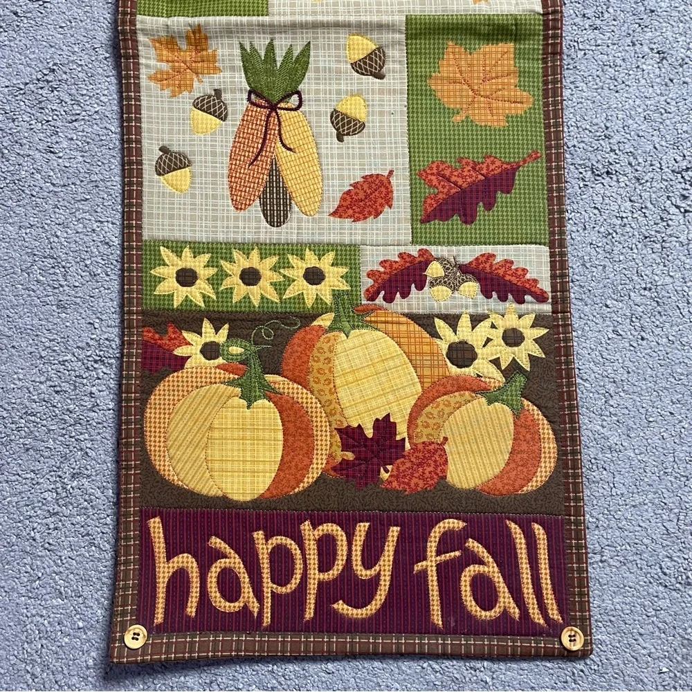 Happy Fall 36x13 Table Runner, Pumpkins, Leaves, Corn, Sunflowers, Hanging